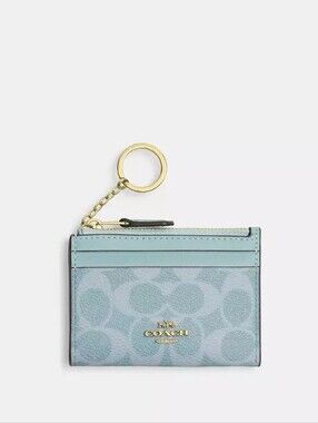 NWT! Coach Pale Blue Signature Card Holder with Gold Key Ring